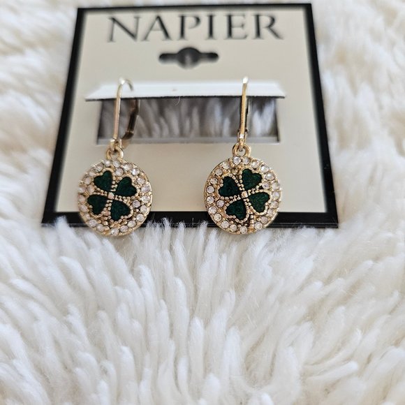 Napier Earrings Shamrock Lucky 1" Green/Rhinestone Charming - Picture 7 of 11